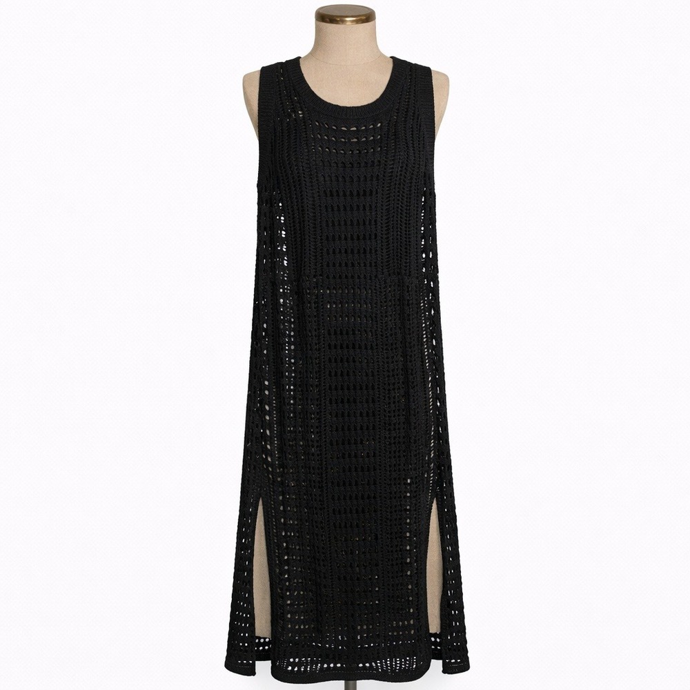Crochet Open Knit Sleeveless Dress Size L Black Whimsigoth Festival Grunge Slit‎